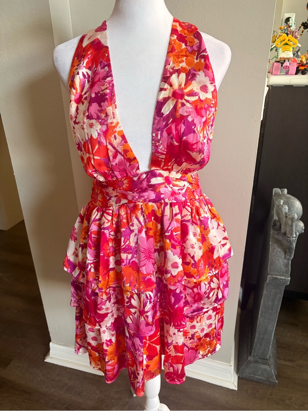 Hello Molly Pink and Orange Floral Halter Mini Dress